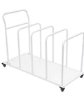 Heavy Duty Rolling Carton Stand With Adjustable Divider Slots And Smooth Lockable Wheels Solid Iron Flatbed Storage Cart Built For Warehouse Grind Or Workday Hustle White, side view showing dividers.