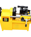 Heavy Duty 220 Volt Electric Pipe Threader Machine Real Workhorse For Cutting And Threading One Half To Two Inch Pipes With Self Oiling System For Quick Pro Jobs - side view of the pipe threader showing controls and metal components.