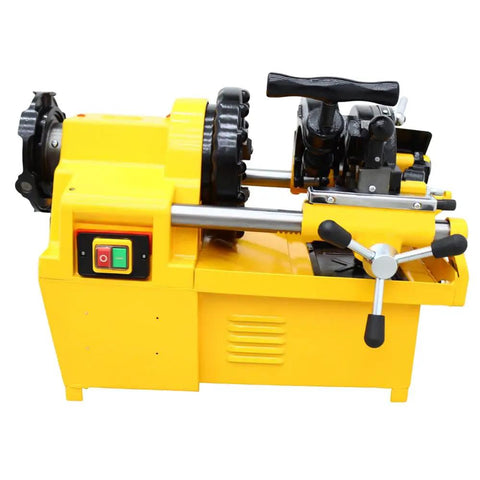 Heavy Duty 220 Volt Electric Pipe Threader Machine Real Workhorse For Cutting And Threading One Half To Two Inch Pipes With Self Oiling System For Quick Pro Jobs - side view of the pipe threader showing controls and metal components.