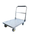 Heavy Duty Steel Platform Truck Cart With Foldable Handle And Silent Swivel Wheels showcasing steel design and smooth rolling wheels.