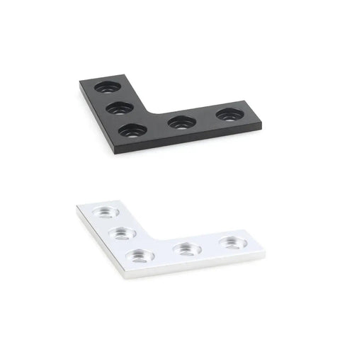 4 Pack L Shaped 90 Degree Corner Connector Plates For Aluminum Profiles, Five Hole Mount, Silver and Black Finish, 6063-T5 Aluminum Alloy