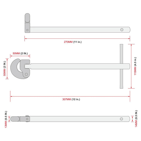 Technical diagram of adjustable basin wrench, showing dimensions with 11-inch handle for under sink use, focus on self-adjusting jaws.
