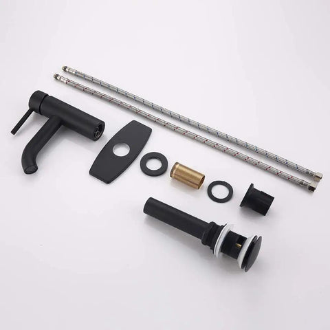 Single Handle Matte Black Bathroom Faucet With Metal Drain Assembly And Escutcheon Water Efficient 1.2 GPM Flow parts on white background