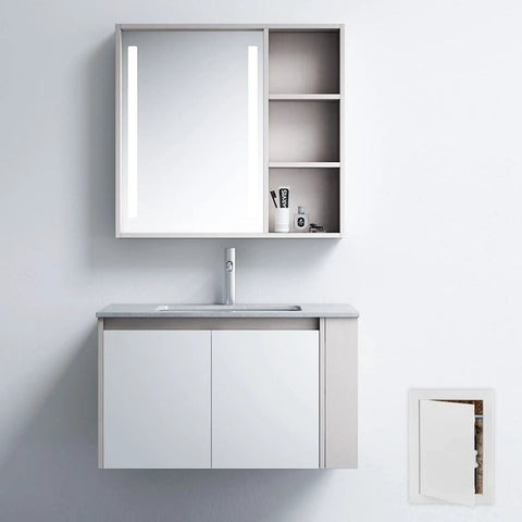 Heavy Duty White Plastic Access Panel For Drywall And Ceiling No Sweat Installation Removable Hinged Door Reinforced plumbing access next to modern vanity.