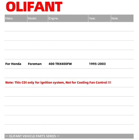 Product label for Ignition CDI Box for Foreman 400 TRX400FW 1995 to 2003 Plug-and-Play Replacement.