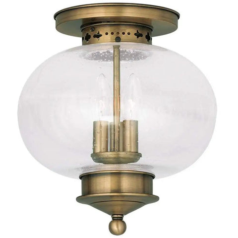 Harbor 3-Light Ceiling Mount Fixture in Antique Brass, Old School Classic Vibe with seeded glass and solid brass construction