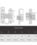 Product diagram for Invisible Concealed Cross Hinges For Wood And Metal Doors, Satin Nickel Finish, with size measurements.