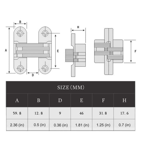 Product diagram for Invisible Concealed Cross Hinges For Wood And Metal Doors, Satin Nickel Finish, with size measurements.