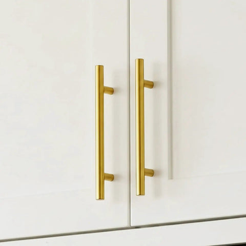 Close-up of 10 Pack 2-1/2 Inch Brushed Gold Cabinet Handles Set Stainless Steel Drawer Pulls For Kitchen Bathroom Dresser Easy DIY