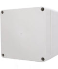 Front view of IP65 Waterproof ABS Plastic Enclosure Box with concealed mounting holes, 120x120x90mm, durable weatherproof housing.
