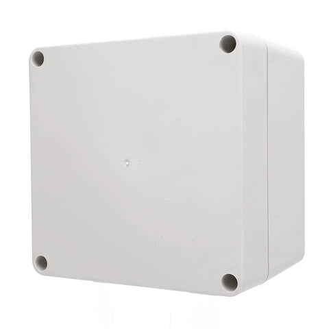 Front view of IP65 Waterproof ABS Plastic Enclosure Box with concealed mounting holes, 120x120x90mm, durable weatherproof housing.
