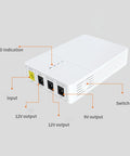 Straight Up Solid Portable Mini Ups With Dual Dc Ports Keeps Your Routers And Modems Alive During Blackouts While Delivering Seamless Five Hour Battery Backup showing connection ports and LED indicator.