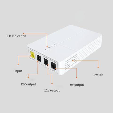 Straight Up Solid Portable Mini Ups With Dual Dc Ports Keeps Your Routers And Modems Alive During Blackouts While Delivering Seamless Five Hour Battery Backup showing connection ports and LED indicator.
