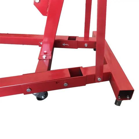 Heavy Duty 2 Ton 4000 Lbs Engine Hoist Cherry Picker base with red steel frame and iron caster wheels for stability.