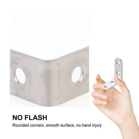 Hand holding L Shaped Corner Brackets Set 18 Pieces Stainless Steel Right Angle Shelf Braces for Furniture