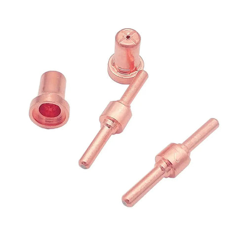 Close-up of copper components from Extended Tip Plasma Cutter Consumables Kit For PT31 JG-40 LG40 Torch, showing tips and electrodes.