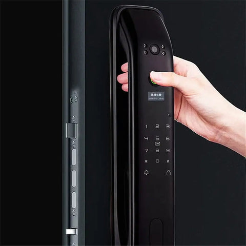 Built Different Fingerprint Smart Door Lock With Keyless Biometric Entry Auto Lock and Dead Secure Anti Theft Alarm, black finish, hand placing fingerprint.