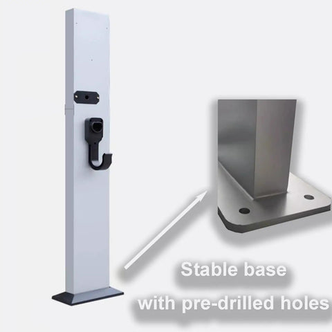 Heavy Duty Free Standing EV Charger Box Water Resistant Aluminum Alloy Cord Holder And Weather Proof Cover For Garage Or Workplace Parking, showcasing stable base with pre-drilled holes.