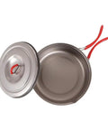 Ultralight Titanium Camping Pot With Folding Handle, 900 ml capacity, open view showing inside volume markings and removable lid.