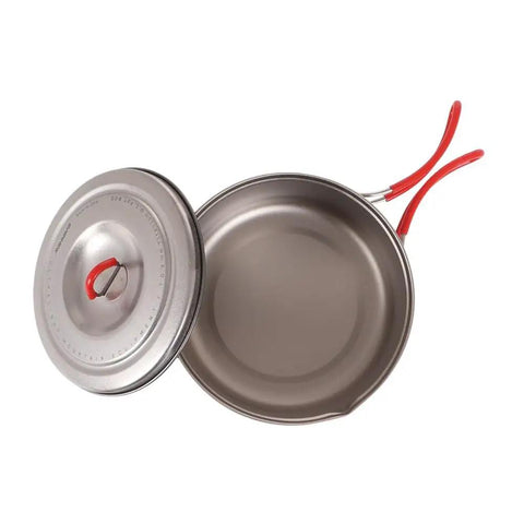 Ultralight Titanium Camping Pot With Folding Handle, 900 ml capacity, open view showing inside volume markings and removable lid.