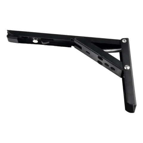 Black steel wall mounted triangle folding workbench bracket heavy duty steel built to last adjustable 4 8 10 12 inch size options.