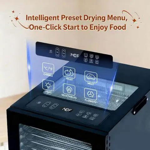 Top view of Professional Electric Food Dehydrator 800W Featuring Stainless Steel Trays And Digital Timer with preset menu.