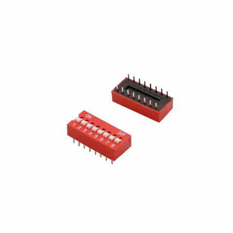8-position red DIP switches from 35 Piece DIP Switch Assortment Kit With 1 2 3 4 6 8 10 Position Options 2.54mm Pitch Slide Toggle On Off Switches.