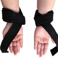 Pair Weightlifting Straps for Barbell and Bodybuilding, Cotton and Polyester Wrist Wraps with Hand Protection shown on wrists.