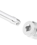 Close-up of 24mm Socket Three Eighths Inch Drive Six Point Thin Wall Built For Tight Spaces Rust Resistant next to ratchet head.