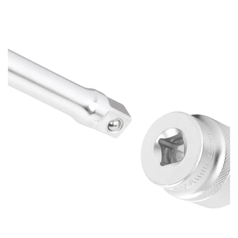 Close-up of 24mm Socket Three Eighths Inch Drive Six Point Thin Wall Built For Tight Spaces Rust Resistant next to ratchet head.