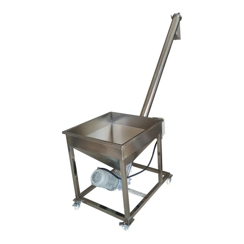 Automatic Screw Powder Feeding Machine Integrating Vibrating Hopper Inclined Conveyor 220V with stainless steel construction and motor.