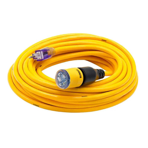 100 Foot Lighted Extension Cord With Click-To-Lock 12/3 SJTW Heavy-Duty Outdoor Weatherproof Power Cable coiled with LED end