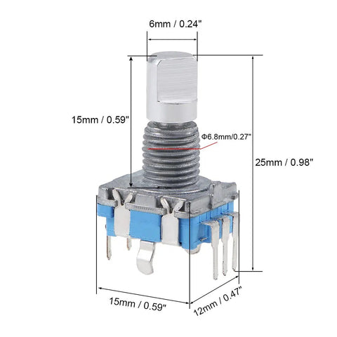 Close-up of a 360 Degree Rotary Encoder Code Switch with Digital Potentiometer, five pins, 15mm D shaft, two pack, dimensions shown.