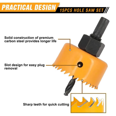 Super Cool 15 Piece Hole Saw Set With 12 Sizes From 3 4 Inch To 3 Inches Plus Two Heavy Duty Arbors And Hex Key For Wood Plastic Soft Metal Home DIY Projects Make Cutouts A Breeze, orange carbon steel hole saw with arbor