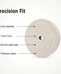 Super Thick 2 Pack 6 Inch Cotton Buffing Wheels Featuring 5/8 Inch Arbor Mount, 6 inch diameter, 1 inch thick, premium cotton.