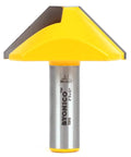 Front view of V Groove Flat Bottom Router Bit Two Inch Diameter One Half Inch Shank 45 Degree V Groove For Beveled Grooves Paneling Signage And CNC Lettering Two Flute Pro Grade Carbide Cutter With Sharp Long Lasting Edge