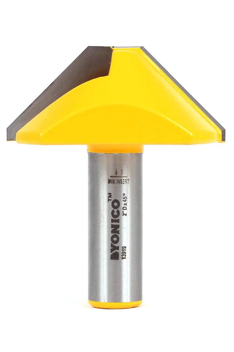 Front view of V Groove Flat Bottom Router Bit Two Inch Diameter One Half Inch Shank 45 Degree V Groove For Beveled Grooves Paneling Signage And CNC Lettering Two Flute Pro Grade Carbide Cutter With Sharp Long Lasting Edge