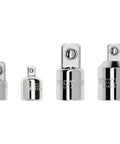 Four Piece Drive Adapter And Reducer Set For Quarter Inch Three Eighths Inch And Half Inch Drives Designed To Expand Your Socket And Accessory Range For Quick Tool Free Swaps Across Sockets Wrenches And Ratchets