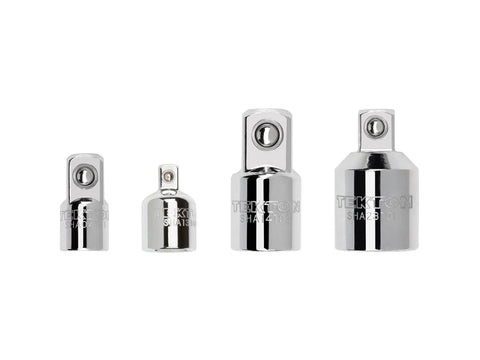 Four Piece Drive Adapter And Reducer Set For Quarter Inch Three Eighths Inch And Half Inch Drives Designed To Expand Your Socket And Accessory Range For Quick Tool Free Swaps Across Sockets Wrenches And Ratchets