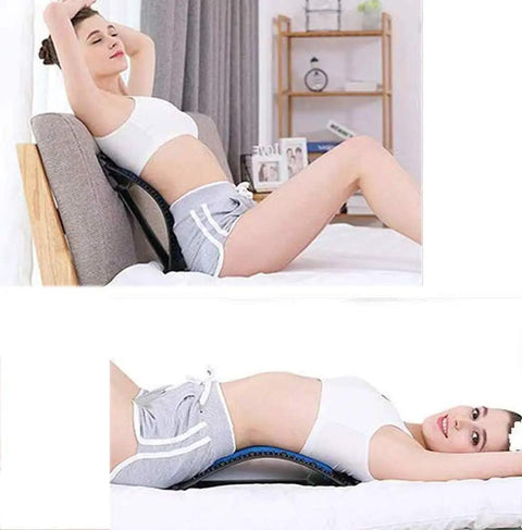 Heavy Duty Emoly Back Stretcher For Pain Relief Spine Decompression Yoga setup with a user in a home setting.