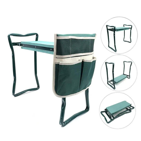 Grab And Go Foldable Garden Kneeler Seat With Two Pocket Tool Bag Pouch And EVA Foam Knee Pad, shown from various angles