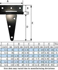 Chart showing dimensions for Heavy Duty T Strap Shed Gate Hinge Set For Indoor Outdoor Doors And Barn Gates 6 And 12 Inch Iron Black Finish