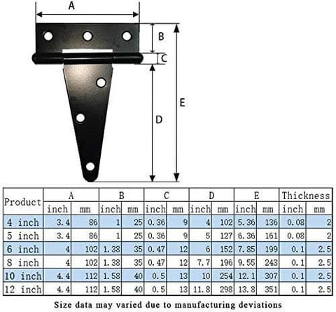 Heavy Duty T Strap Shed Hinge For Doors Barn Gates And Fences Indoor Outdoor Use 6 Inch And 10 Inch Straps size chart diagram