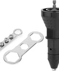 Cordless Rivet Gun Adapter Kit Converts Drill To Rivet Nut Tool with 1/4 Inch Hex Shank and nozzles, tools visible