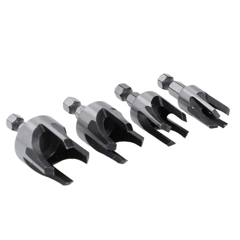 Top Tier Carbon Steel Tapered Plug Cutter Set Of Four With Hex Shank Handles showing four metal plug cutters in different sizes.