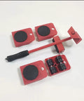 Heavy Duty Furniture Mover Kit With Lifter Tool And 360 Degree Roller Sliders, red discs and lever tool set.