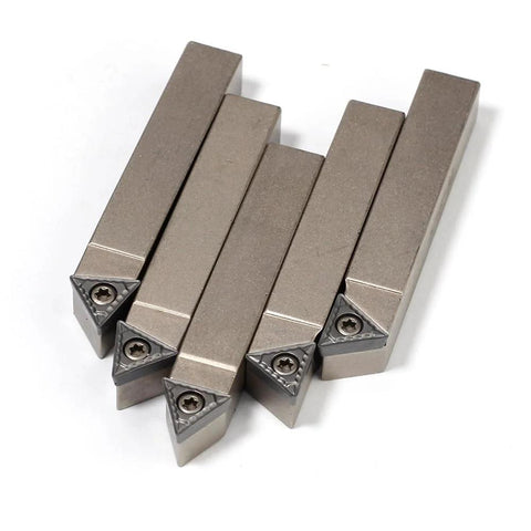 Five nickel-plated mini indexable lathe turning tools with 5/16 inch shanks and carbide inserts
