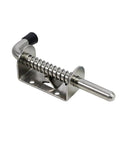 Stainless Steel Sliding Gate Latch Spring Loaded Locking Pin Barrel Bolt with a spring mechanism and mounted base.