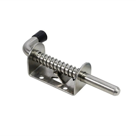 Stainless Steel Sliding Gate Latch Spring Loaded Locking Pin Barrel Bolt with a spring mechanism and mounted base.