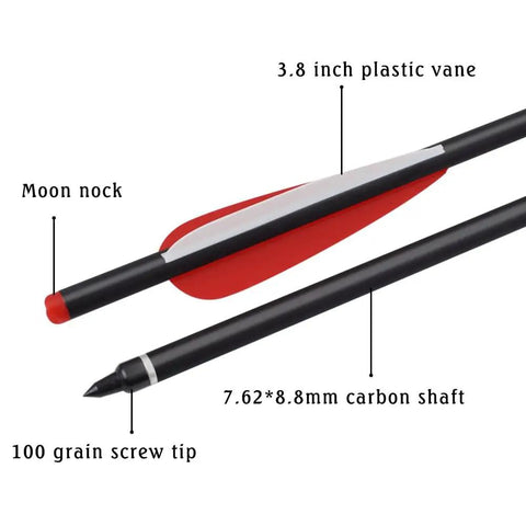 Detailed view of 20 Inch Carbon Crossbow Bolts For Hunting, Beginner And Youth Friendly Arrows with 4 Inch Vanes and 100 Grain Tips.